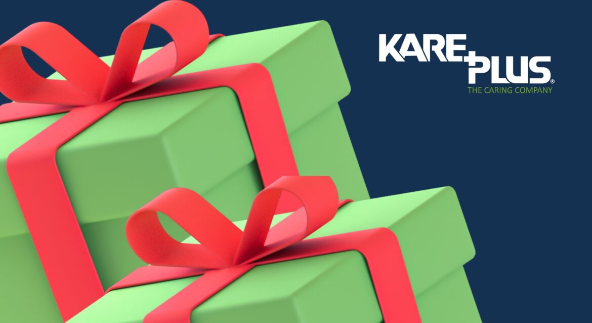 Green present boxes wrapped in a red ribbon and bow on a dark blue background with the logo for Kare Plus on the top right hand side
