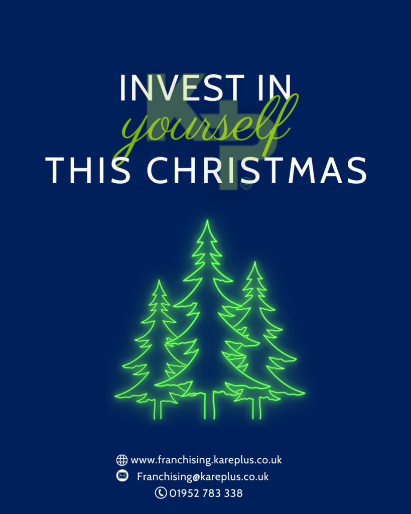 A blue and green poster promoting the Christmas business idea of investing in yourself with Kare Plus