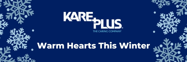 An email footer image for the 2023 Warm Hearts This Winter by Kare Plus, with snowflakes on a blue background and the Kare Plus logo in the centre.
