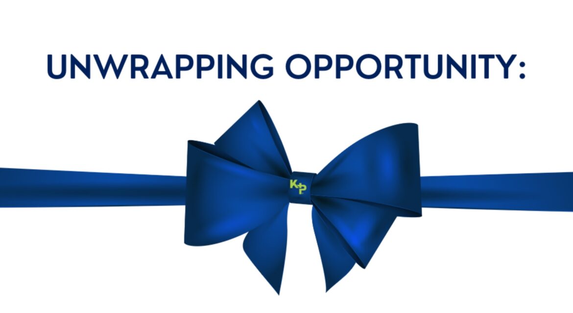A large blue bow on a white background with the text Unwrapping Opportunity