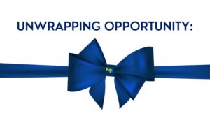 A large blue bow on a white background with the text Unwrapping Opportunity