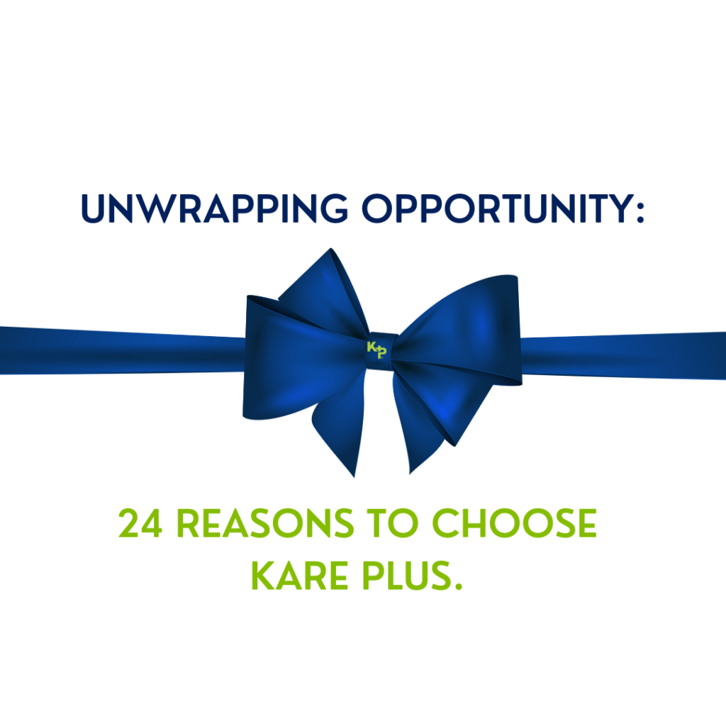 An image of a blue bow with blue and green writing underneath saying Unwrapping Opportunity: 24 Reasons To Choose Kare Plus