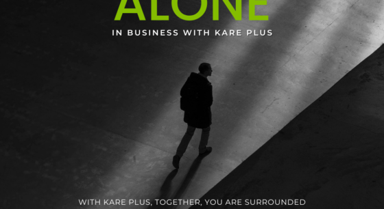 A black and white image of a man walking alone with a text overlay in green and white reminding potential business owners they will not walk alone with a Kare Plus franchise.